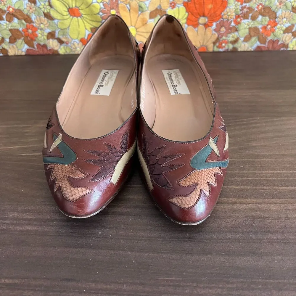 Vintage Ottorino Bossi Brown Leather Applique Kitten Heels